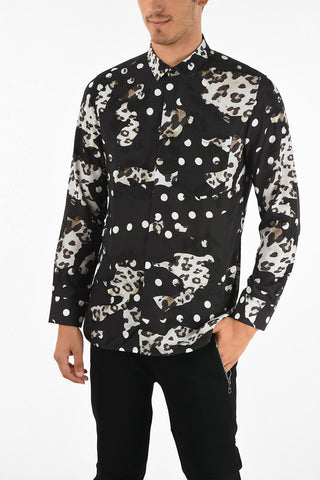 Leopard Insert Polka Dot Slim Fit Shirt