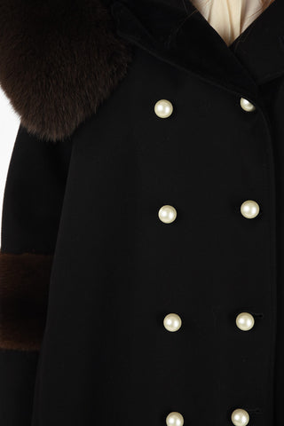 cappotto Chesterfield doppio petto con bottoni in madreperla e Pelliccia