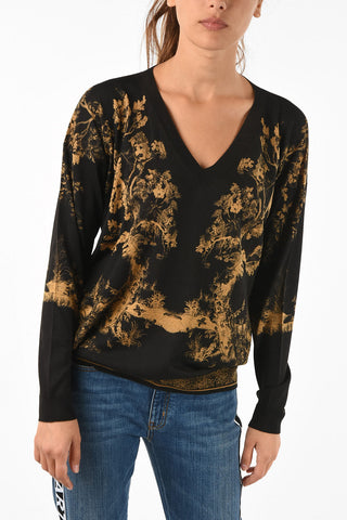 Silk and Wool V-neck Printed Sweater