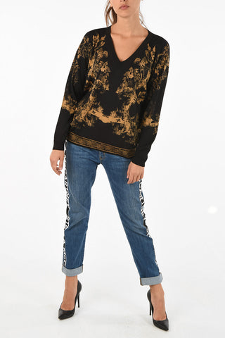 Silk and Wool V-neck Printed Sweater
