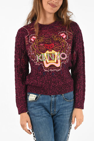 cable knit embroidered crew-neck sweater