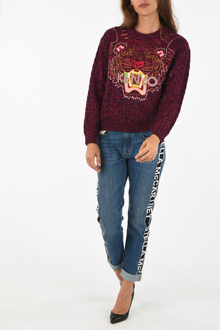 cable knit embroidered crew-neck sweater