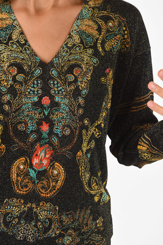 glitter anthemion-print v-neck sweater