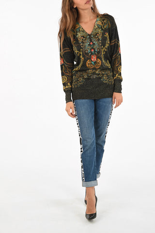 glitter anthemion-print v-neck sweater