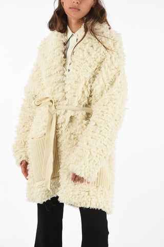knit coat with fabric belt