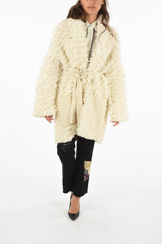 knit coat with fabric belt