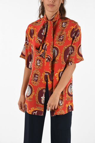 silk short sleeve tie neck blouse