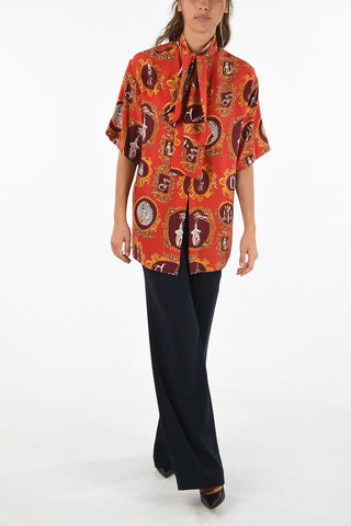 silk short sleeve tie neck blouse