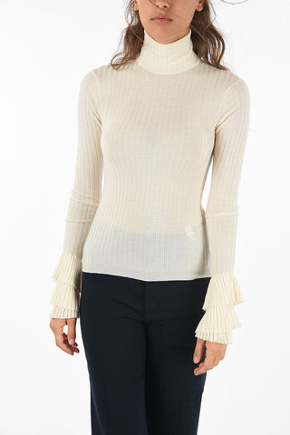 Ribbed Turtleneck Sweater with frill cuff
