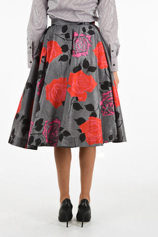 roses-print below knee circle skirt