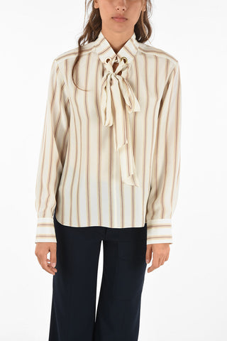 pencil striped silk tie neck blouse