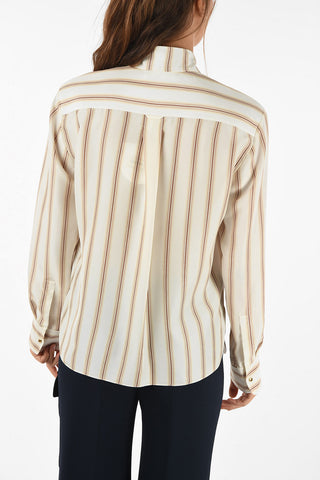 pencil striped silk tie neck blouse