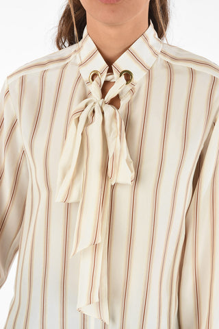 pencil striped silk tie neck blouse