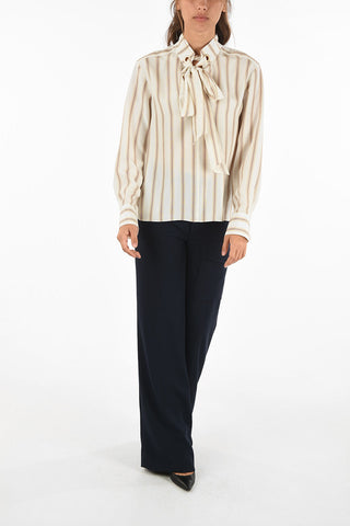 pencil striped silk tie neck blouse
