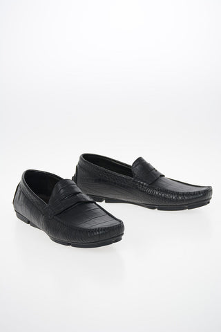 COLLEZIONI Leather Crocodile-Print Driver Loafers
