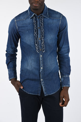 denim snap button ruffle front shirt