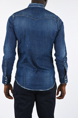 denim snap button ruffle front shirt