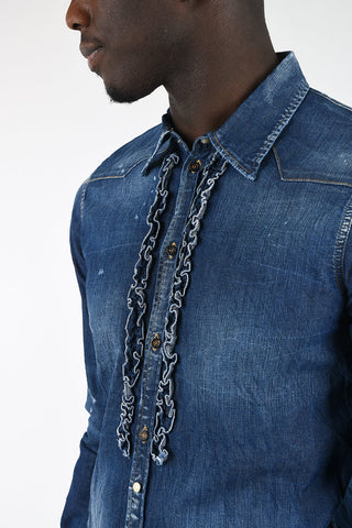 denim snap button ruffle front shirt