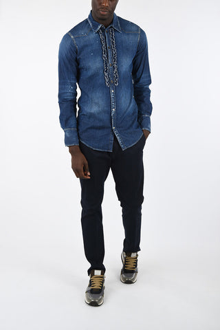 denim snap button ruffle front shirt