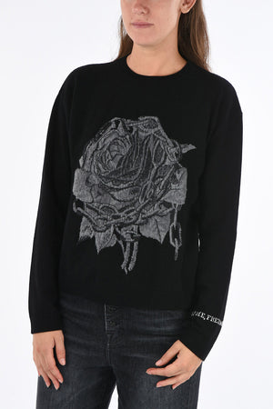Crewneck Sweater with Embroidered Rose