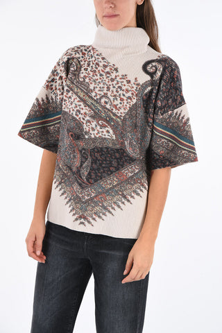 Short Sleeve Paisley Printed Turtleneck Sweater
