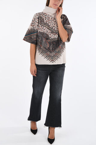 Short Sleeve Paisley Printed Turtleneck Sweater