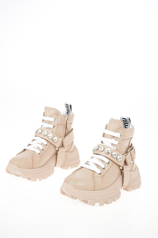 Leather COMBAT CRACKLE CRYSTAL Sneakers with Track Sole 