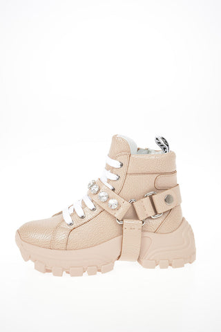 Leather COMBAT CRACKLE CRYSTAL Sneakers with Track Sole 