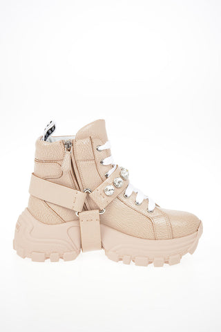 Leather COMBAT CRACKLE CRYSTAL Sneakers with Track Sole 