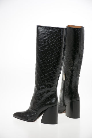 Crocodile Printed Leather Knee Length Boots 8cm