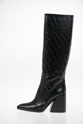 Crocodile Printed Leather Knee Length Boots 8cm