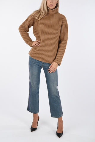 maglia collo alto in Cashmere crochet con ricami in perline