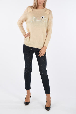 BOUTIQUE Cat Embroidered Crewneck Sweater