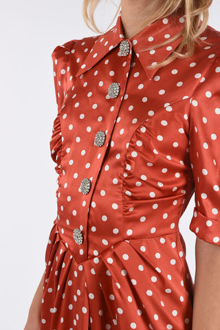 polka dots split-front hem dress with jewel buttons