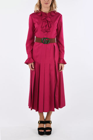 vestito midi in seta con rouches  e cintura