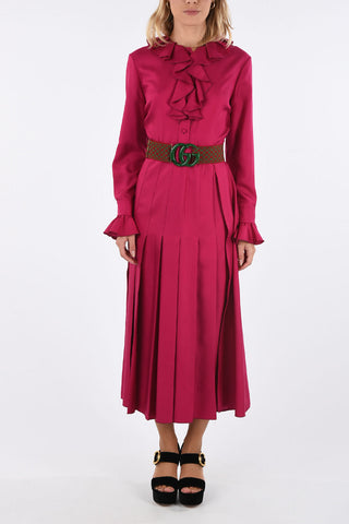 vestito midi in seta con rouches  e cintura