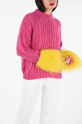 cable knit crew-neck sweater with hairy mohair applications