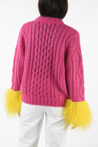 cable knit crew-neck sweater with hairy mohair applications