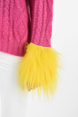 cable knit crew-neck sweater with hairy mohair applications