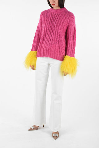 cable knit crew-neck sweater with hairy mohair applications