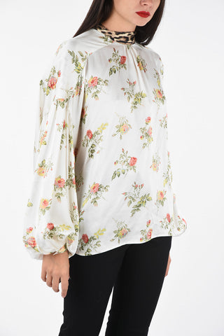 Floral-printed silk tie neck blouse