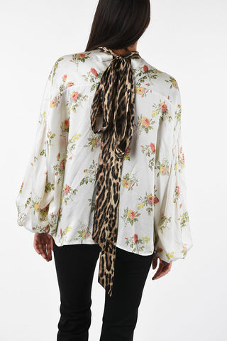 Floral-printed silk tie neck blouse