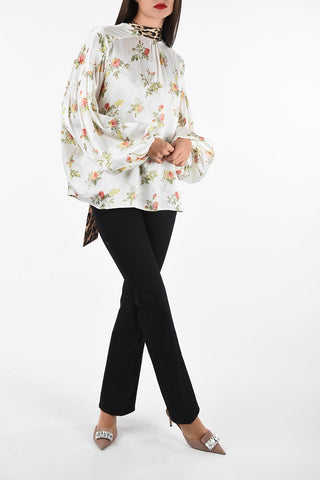 Floral-printed silk tie neck blouse