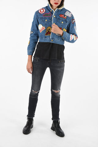 Giubbotto Crop in Denim con Toppe Ricamate