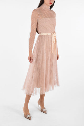 polka dots tulle midi dress with belt and petticoat