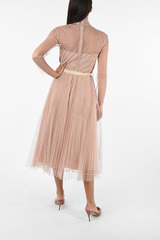 polka dots tulle midi dress with belt and petticoat