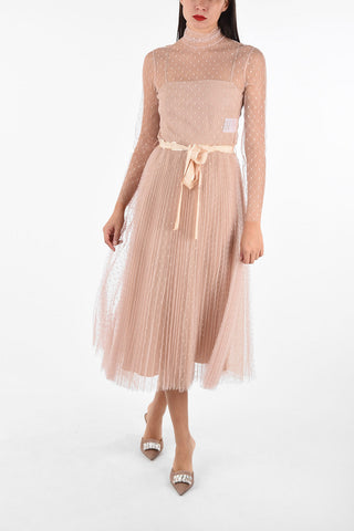 polka dots tulle midi dress with belt and petticoat