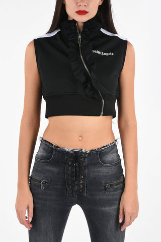 Cropped Full Zip Sleeveless Sweatshirt with Ruffles