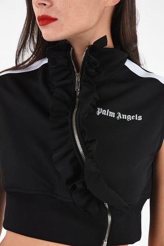 Cropped Full Zip Sleeveless Sweatshirt with Ruffles