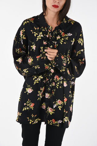 floral-print silk ruffle front shirt
